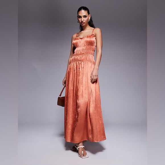 ASOS Dresses & Skirts - ASOS DESIGN crushed satin smocked bodice maxi dress in copper women’s Size 4
